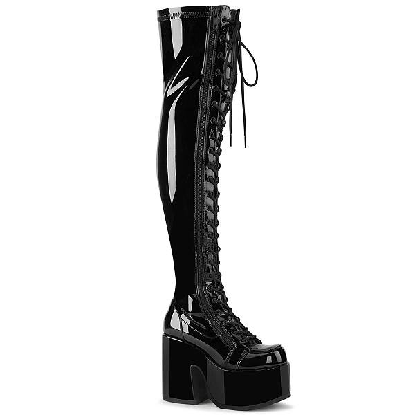 Demonia Women's Camel-300 Platform Thigh High Boots - Black Str Patent D4125-83US Clearance